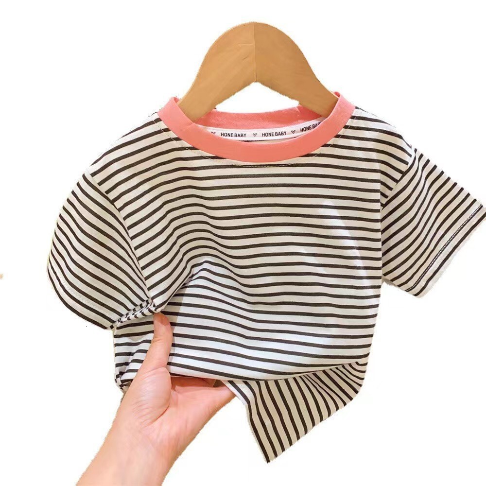 Ddmyshoesvip Girls Summer Short New Pure Cotton Striped Round Neck Casual T Shirt Baby Thin Half Sleeved Base Shirt Trend