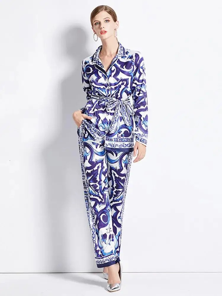 Women Notched Belt Shirt Top Elastic Waist Wide Leg Pant Suits Autumn Runway Red Blue and White Porcelain Silk Two Piece Set 250408