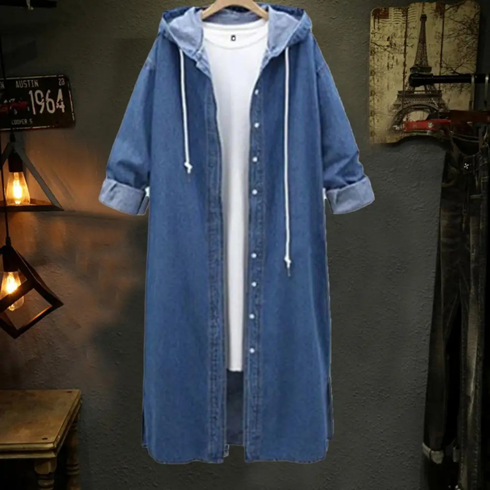 Womens denim jacket full sleeves loose hooded womens long open top single shoulder strap windproof 250409