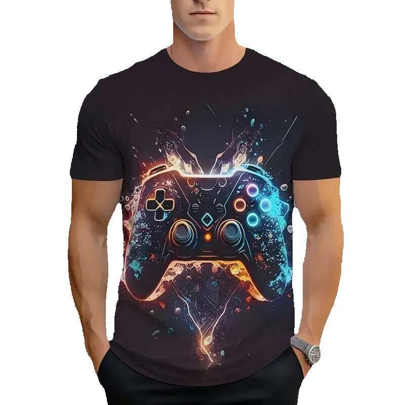 Men's 3D printed game controller colorful painted pattern T-shirt, casual, loose fit, short sleeved, round neck, streetwear