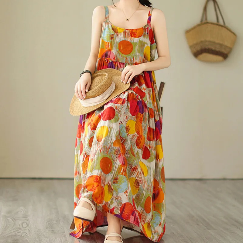 Wxw6508 summer sleeveless spaghetti strap dress for women thin and sexy retro dot print beach backless cotton linen Aline 250409