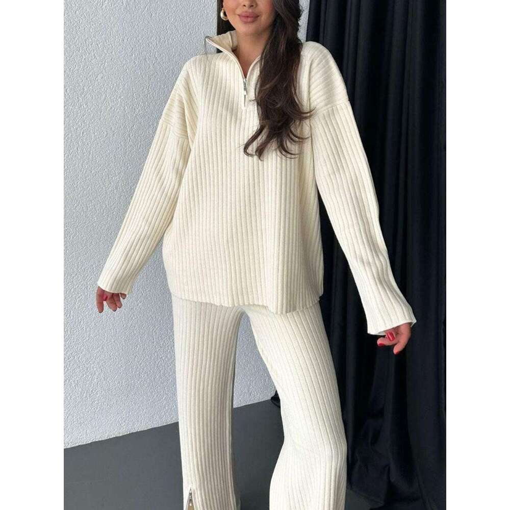 2025 Spring New Women's Solid Color Zipper Knitted High Neck Ribbed Homewear Two-Piece Set