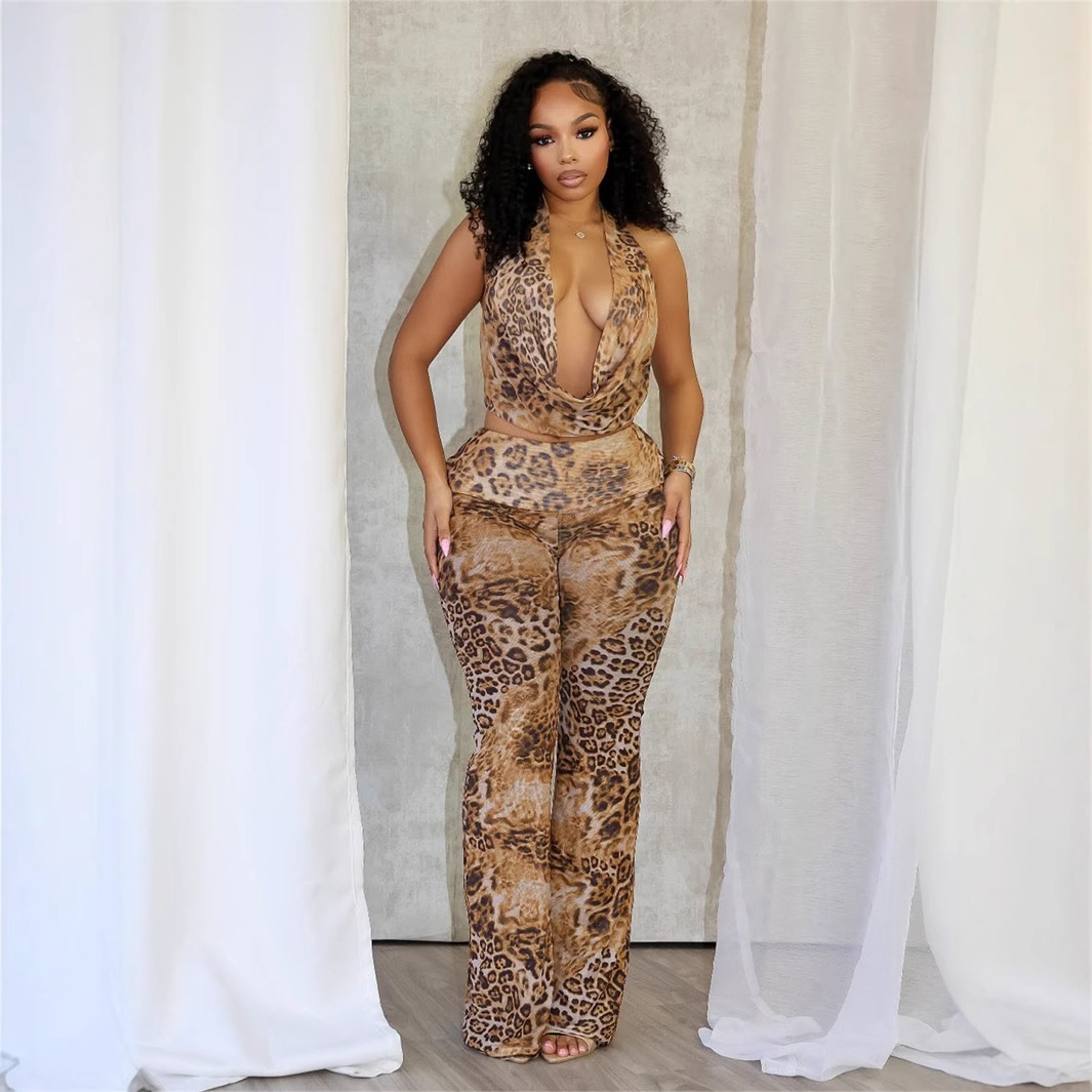 2025S Designer Women S Set New Leopard Print Slim Fit Sexy Spicy Girl Tie Up Hanging Neck Backless Top Pants Set