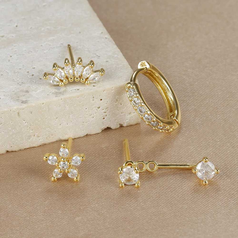 4PCS Stainless Steel Circle Huggie Hoop Earrings Set for Women Gold Color Unique Zircon Flower Stud Earring Piercing Jewelry Z250408