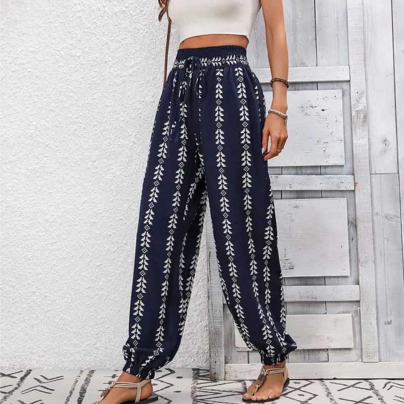 Womens Trousers 2025 Summer Versatile Grid Wide Leg Lantern Pants Casual Pants Lace up Elastic Waist PantsXJ250403