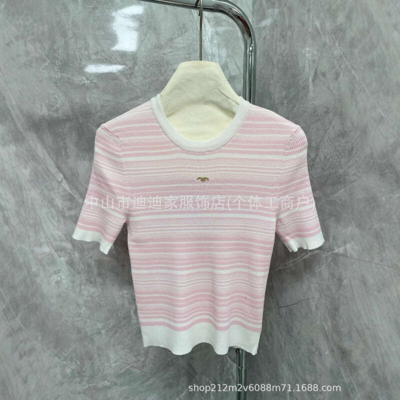 Striped Ice Silk Knitted Shirt Shoulder Short Sleeve T-shirt for Women 2024 Summer Guangzhou Loose and Slim Round Neck Top