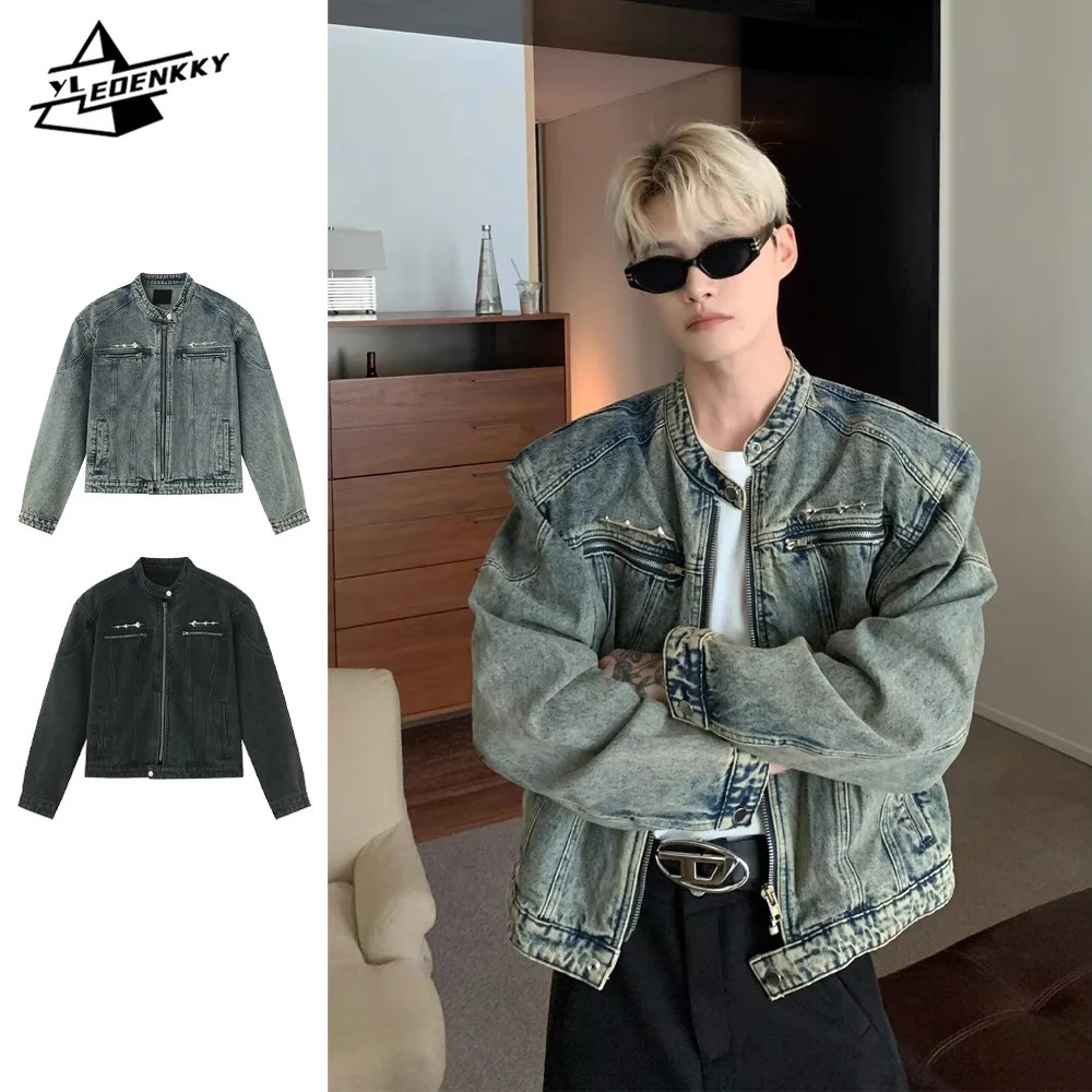 Mens denim jacket American style high street zipper vintage washed distressed spring casual streetwear 250409