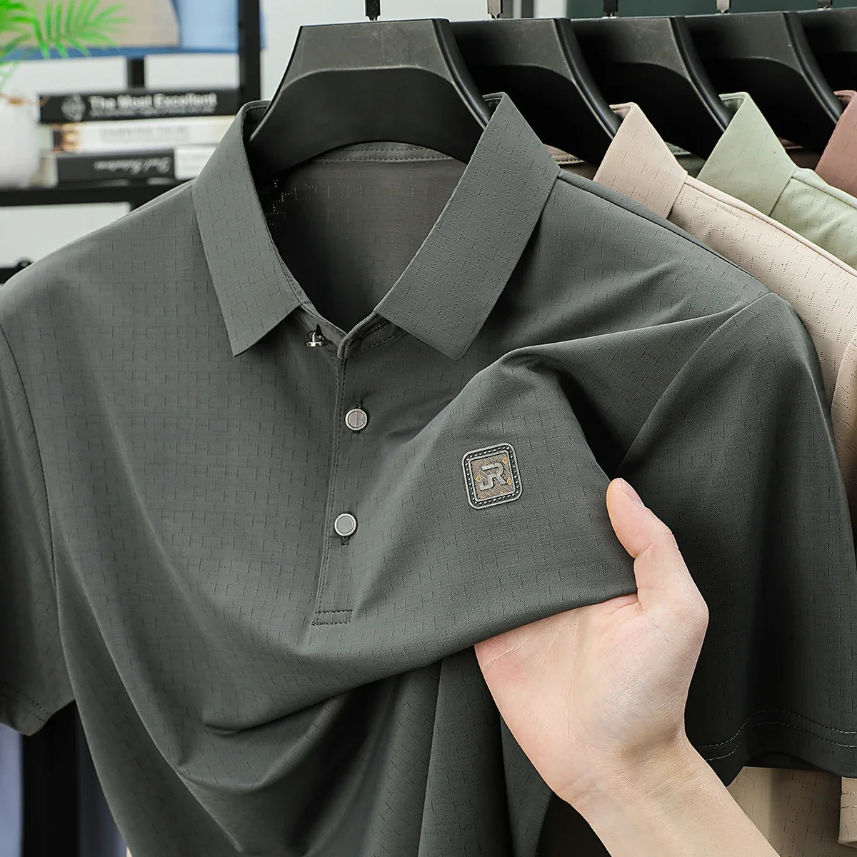 Mens Trendy Summer Lapel Polo Shirt Short Sleeve Seamless Ice Silk Business Casual Print Fashion T-shirt Top 250407