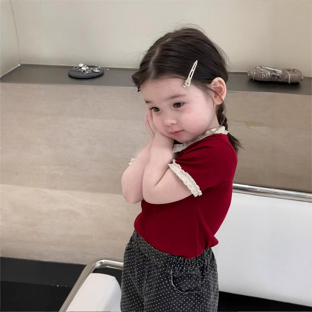 Ddmyshoesvip Girls Short Sleeved T Shirt Summer New Korean Version Children S Loose Lace Round Neck Top For Girls Baby Base Shirt T