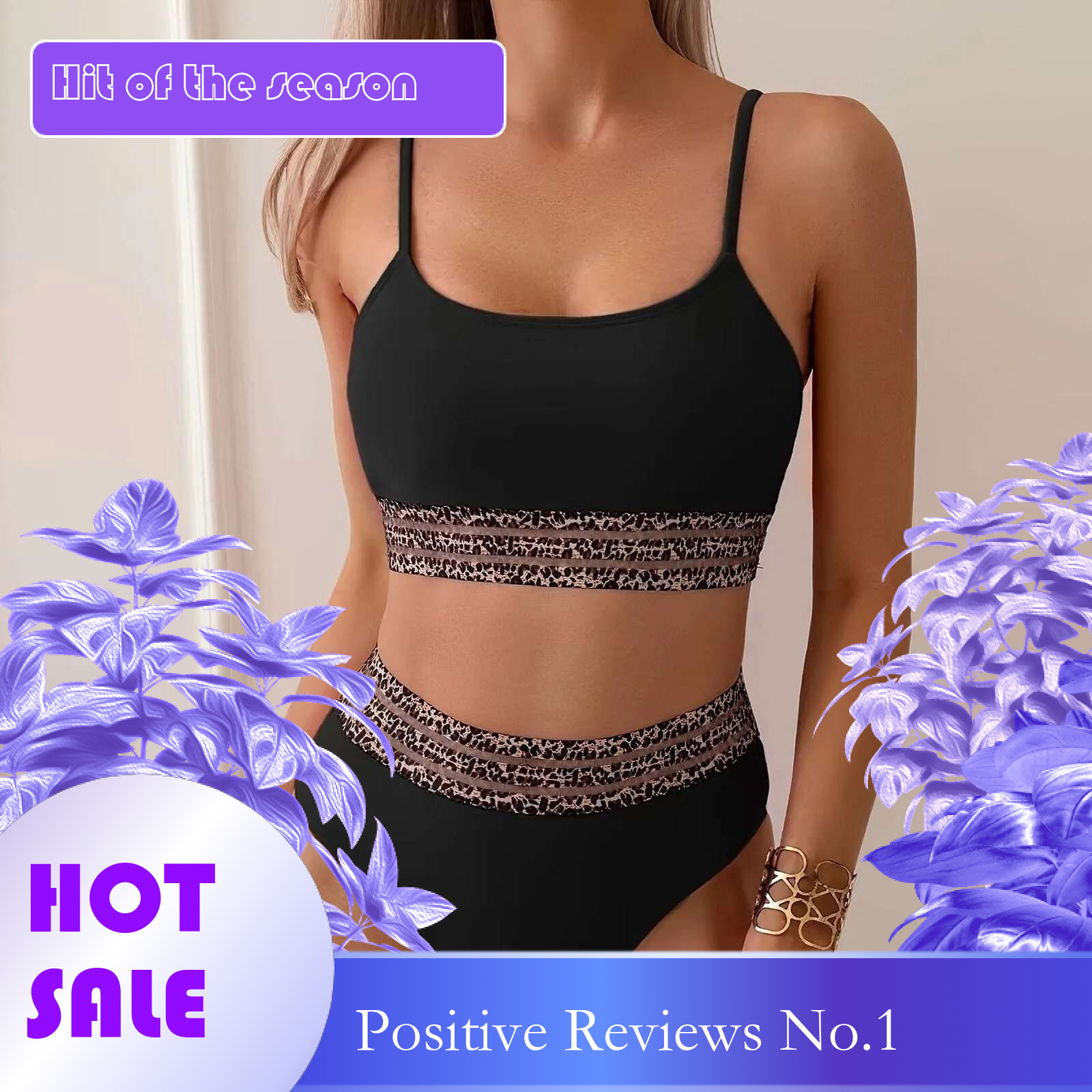 Dongdumaoyi New Bikini Set Leopard Patchwork Piece Swimsuit For Women Sexy Black High Waist U Neck Suspender Backless Bathing Suit