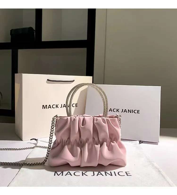 Fashion Pink Color Pleated Women Handbag Glitter Shiny Dias Evening Shoulder Crossbody Bag Wedding Party Clutch Purse