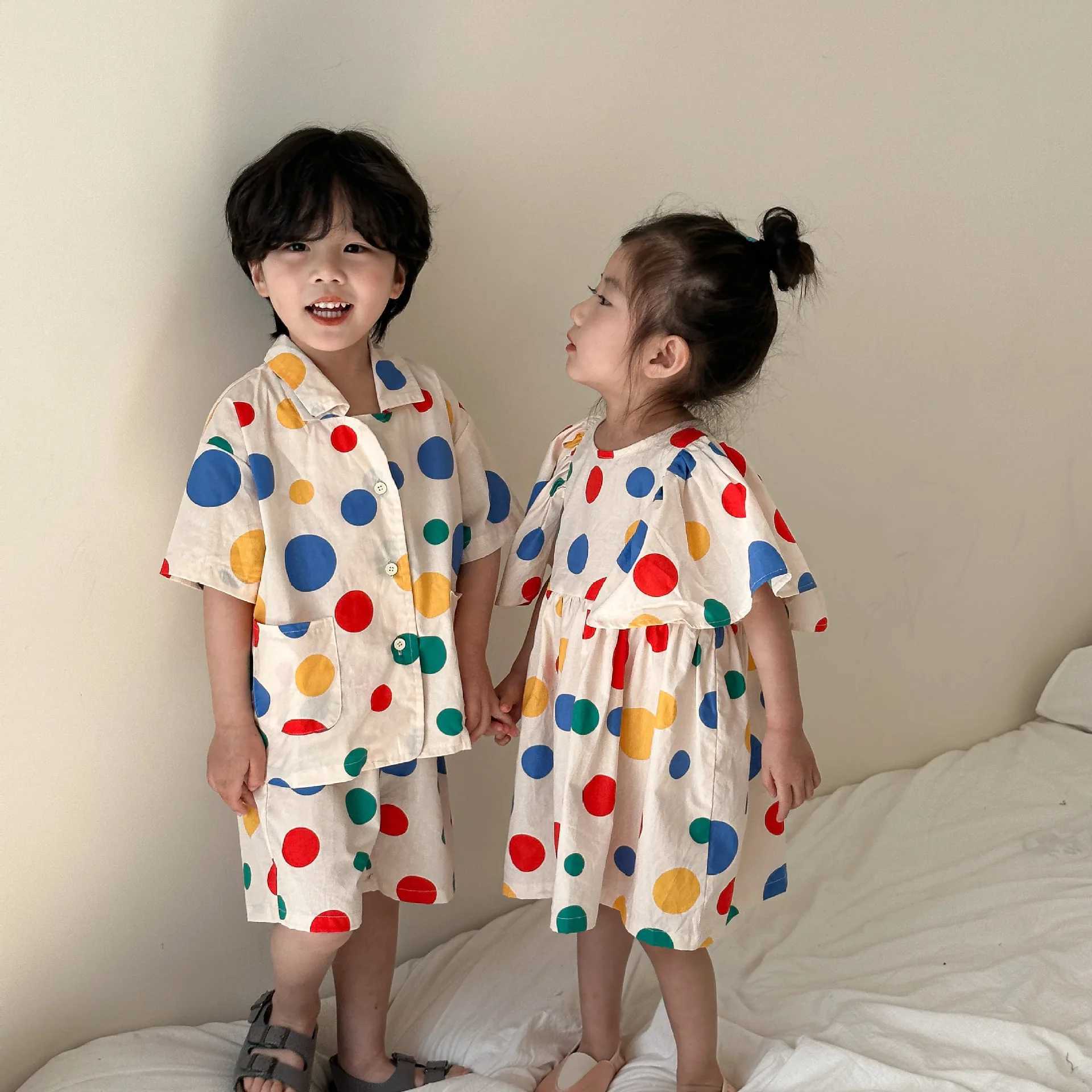 8845-1 Brothers and sisters Clothing 2024 Summer New Polka Dot Cotton Girls Dress or Boys Set Short Sleeve Top+Short Sleeve Two Piece Set S2548