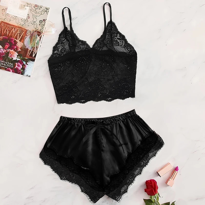2025 Summer 2 Pcs Womens Sexy Lace See-Through Pajamas Black Pink Cute Clothes Comfortable Breathable Suspender Shorts Set 250409
