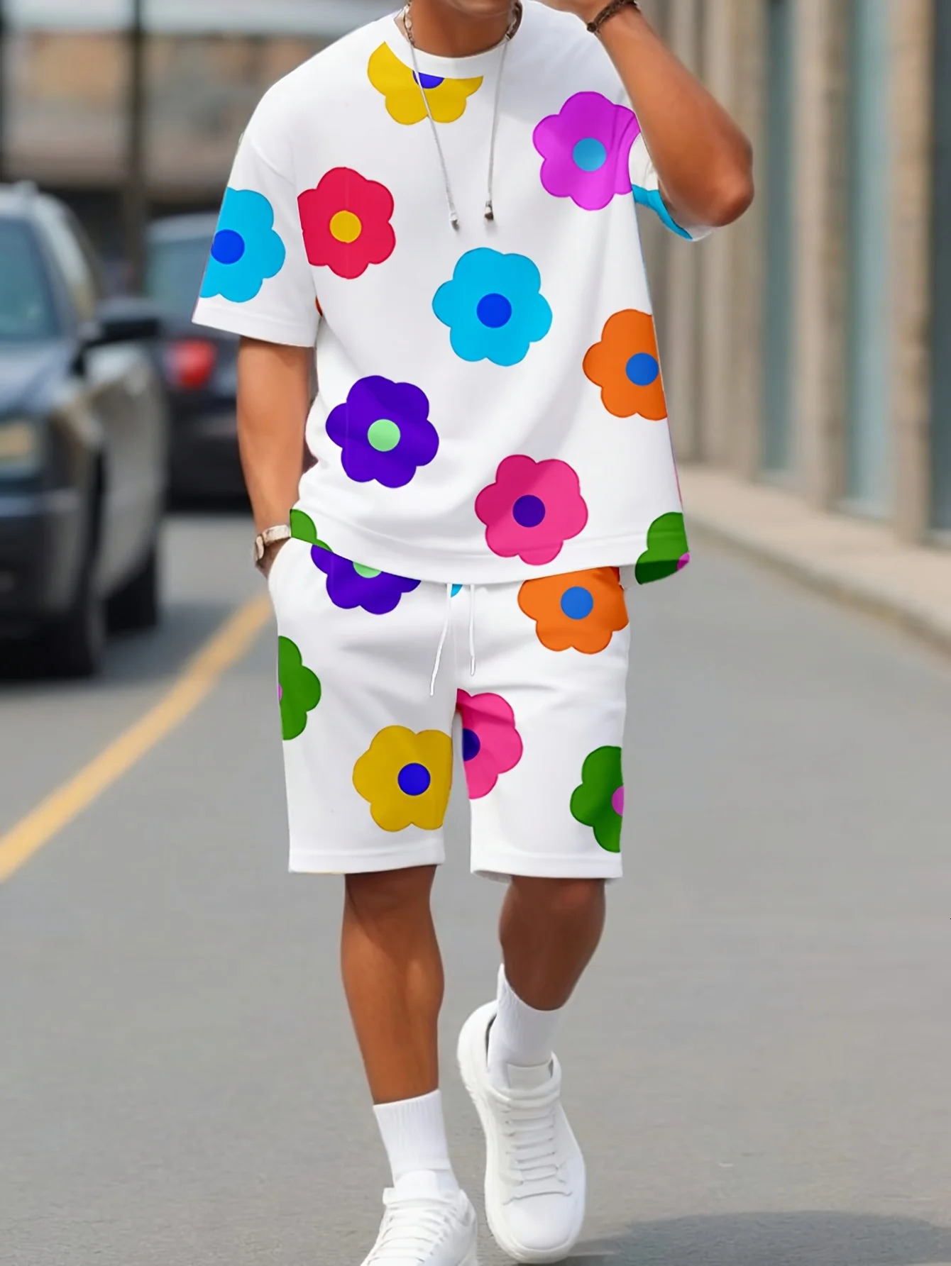 Mens set color printed casual suit crew collar short sleeved Tshirt track 2piece summer mens 250409