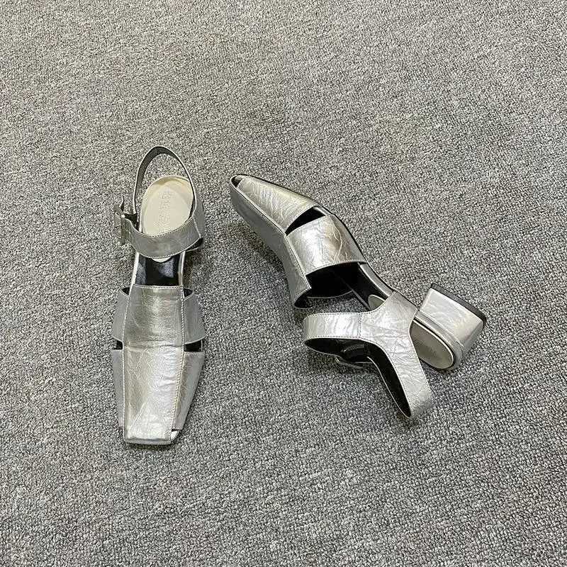 New Arrival Summer hollow womens sandals siLVer short and chubby pump luxury design strap sling back gladiator Roman shoes Zapatos De Mujer T250409
