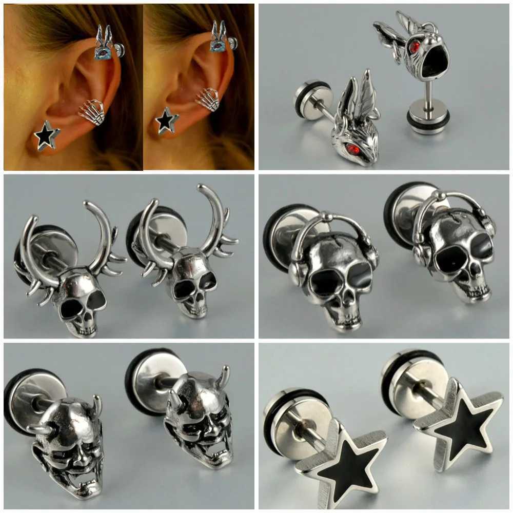2Pcs Punk Steel Skull Bunny Stud Earrings Punk Flat Back Screw On Cool Star Ear Lobe Studs Cartilage Helix Piercing Z250408