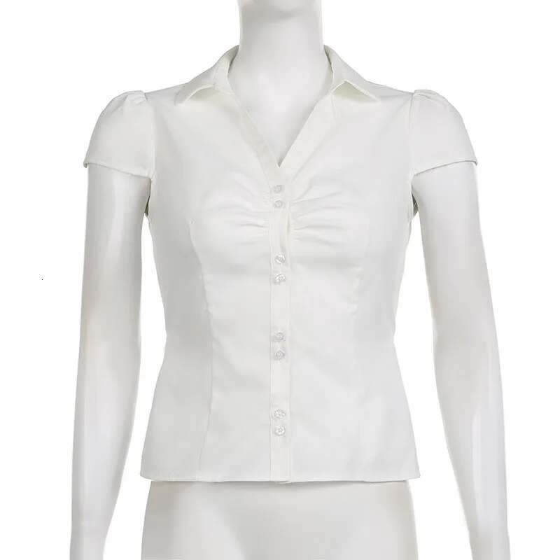 Women's Vintage Folds Crop Top Y2K White Button Up Short Sleeve Blouses Woman Fashion Bandage Streetwear Cropped T-Shirt Summer