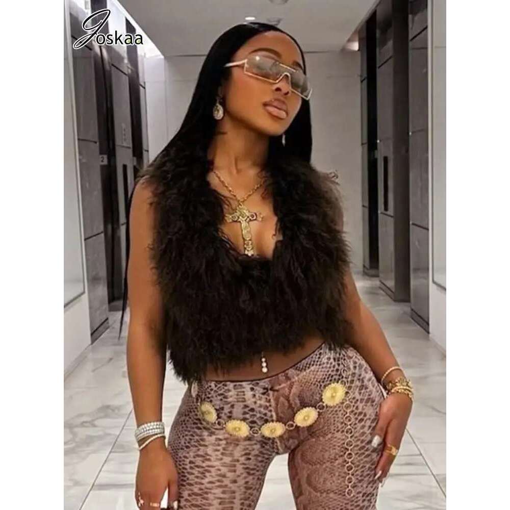 Joskaa Sexy Faux Fur Waistcoat Women Furry Backless Bandage Halter Crop Vests Coat 2025 Fashion Warm Outerwear Y2k Streetwear