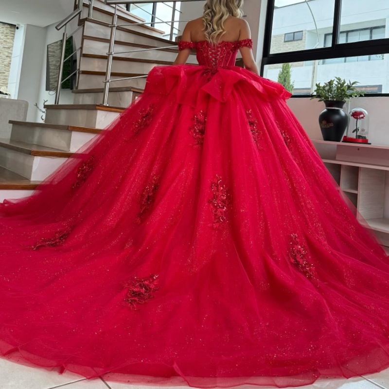 Red Shiny Quinceanera Dresses Off Shoulder Ball Gown Sweet 16 Dress Applique Lace Beads Tull Birthday Party Vestidos 15 De Anos