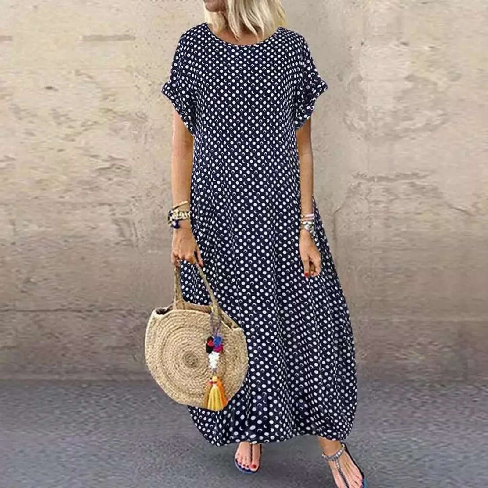 Dongdumaoyi Summer Maxi Dress Women S Vintage Dot Printed Loose Sundress Casual Short Sleeve Beach Party Boho Long Dresses Robe Vestidos