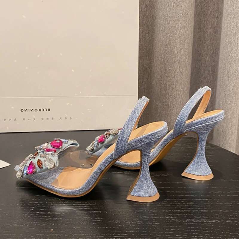 Eilyken Denim Bowknot Crystal Women Pumps Sexy Pointed Toe High Heel Sandals Prom Party Spring Fashion Shoes atillas De Mujer
