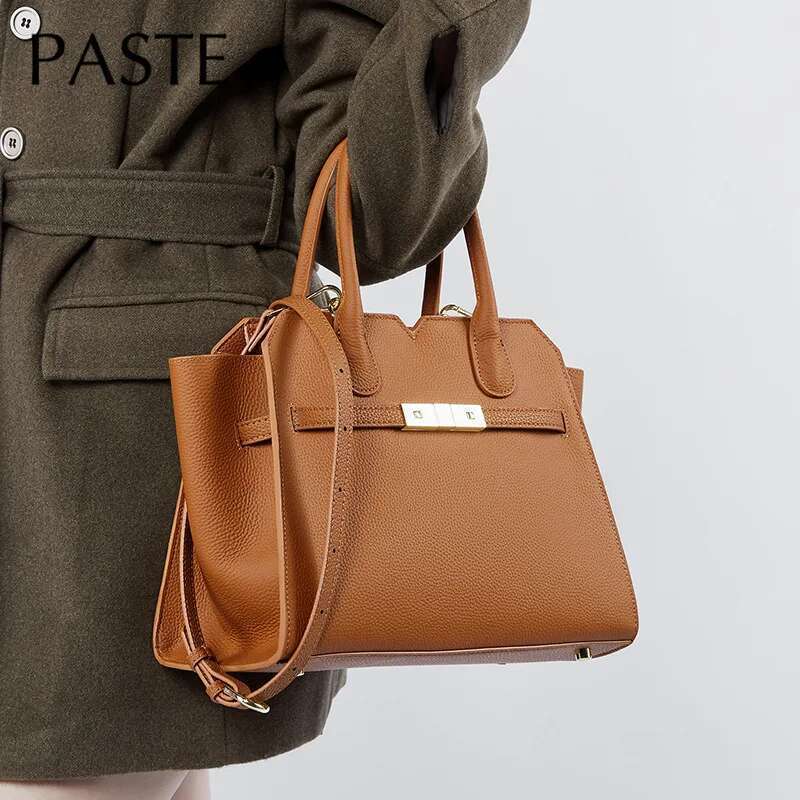 Leisure Large Capacity Trapeze Tote High Quality Full Grain Cow Leather Women Top Handle Handbag Travel Commuter Shoulder Bag