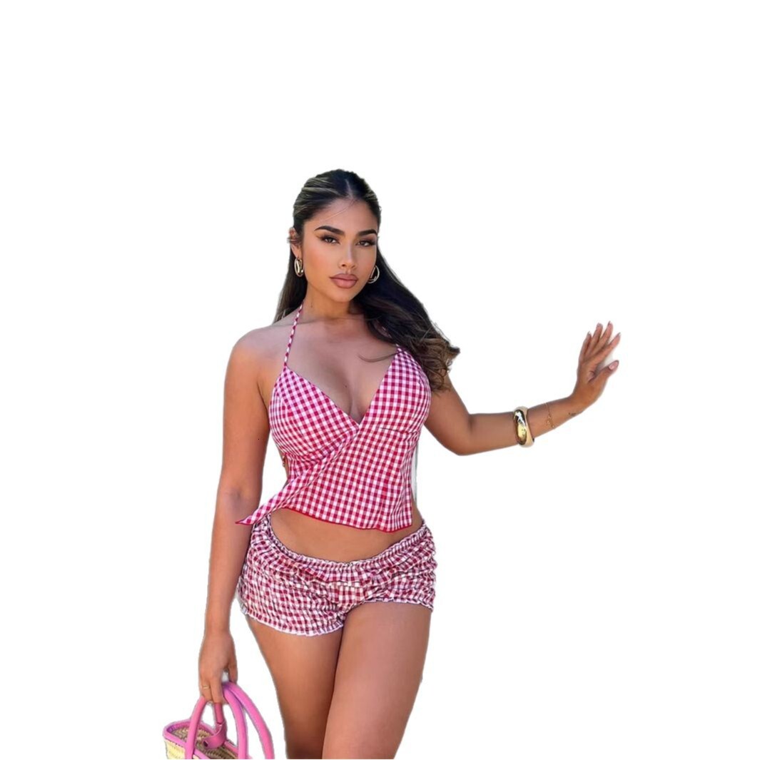 2025S Designer Women S Set Summer New Women S Casual Fashion Checkered Strap With Open Umbilical And Lotus Leaf Edge Shorts Set