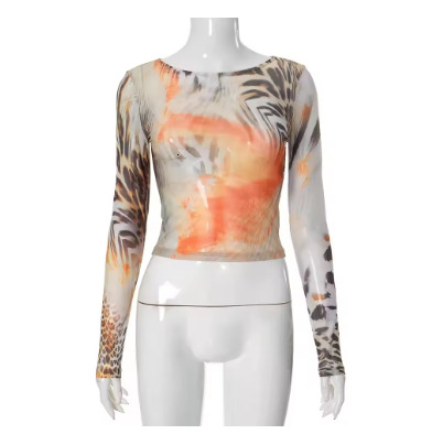 Vintage Print Mesh Shirt Long Sleeve Top Women Clothing Sexy Transparent Cropped Tees D85-AG10
