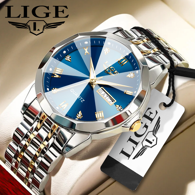 LIGE Men's Quartz Watch Classic Business Watch Double Calendrier Three Pin Watch en acier inoxydable STRAP TEDO Watch Student Watch Quarzuhr