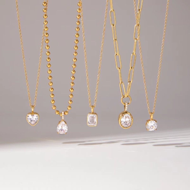 Women Fashion 18K Gold Dainty Delicate White Zircon Bead Chain Ring Pendant Necklace