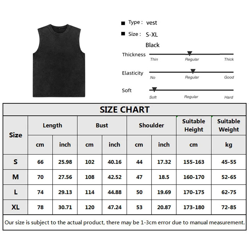 Mens vest retro wash Tshirt 100% pure cotton top summer casual sleeveless street black loose womens 250409