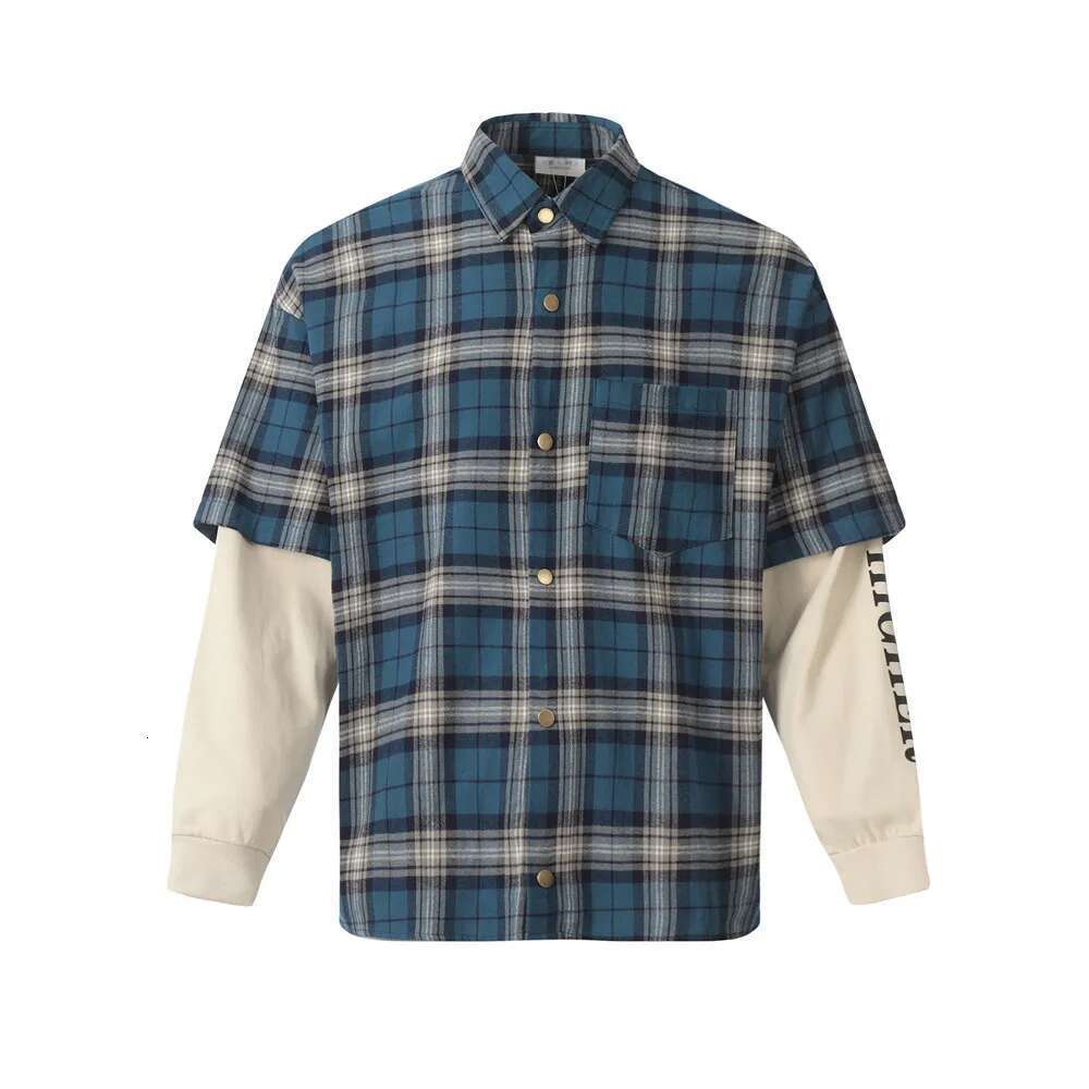 Plaid Patchwork Mens High Street Autumn Loose Lapel Spliced Single Breasted Long Sleeve Shirts Men