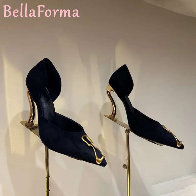 Women's Hollow Suede Sandals Cover Metal Decoration Catwalk Mature Banquet Party Formal Wear Special-Shaped Heel Stilettos