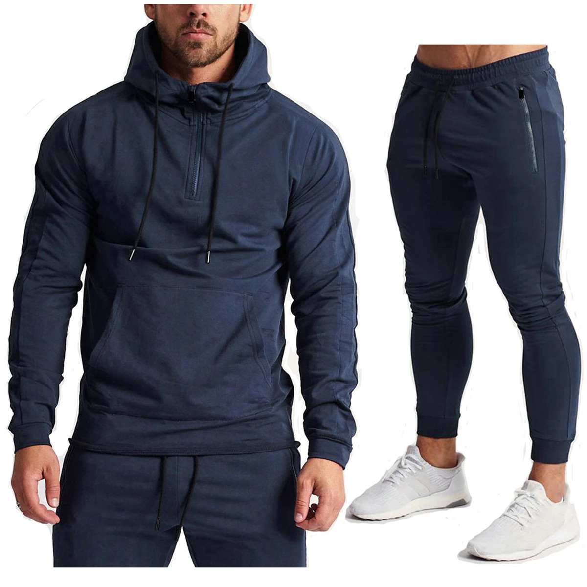 Mens Training Set Gym Sportswear Zipper Hoodie Running Wear Sweatpants 250409