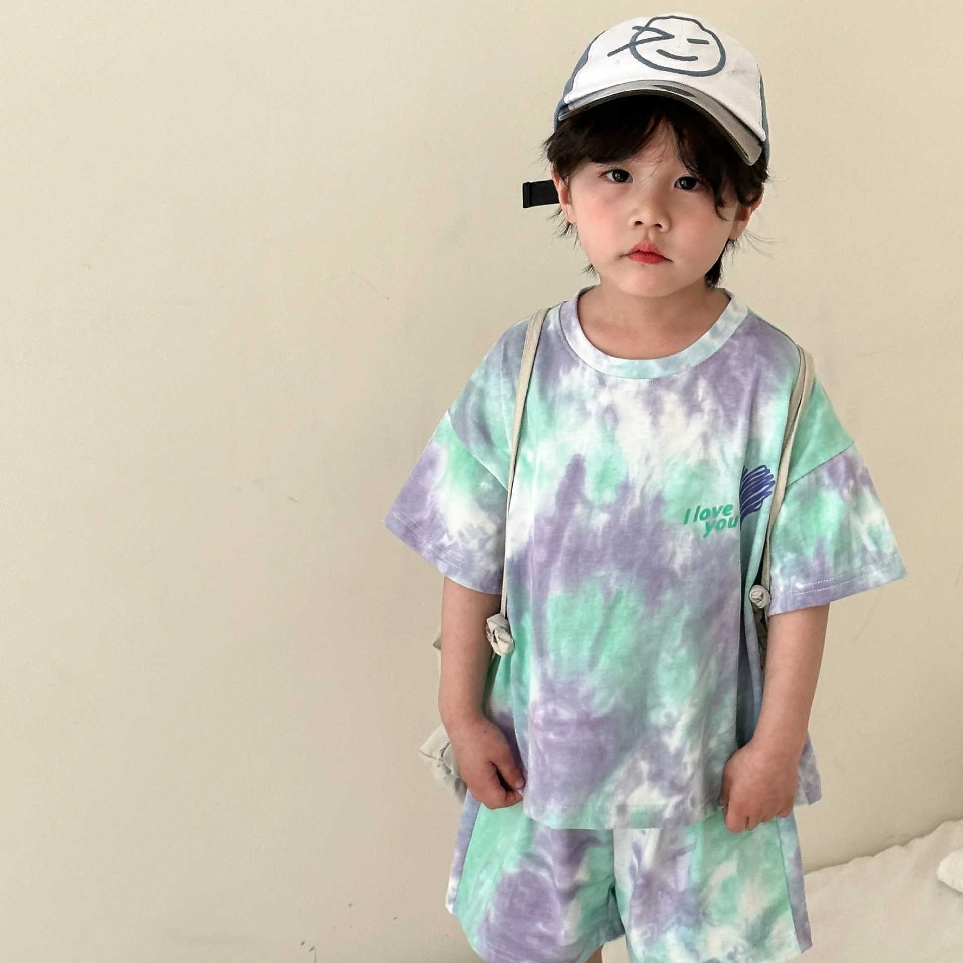 Brother Sister Clothes 2024 Summer New Mens Baby Set Lace up Dyeing Girls T-shirt Dress Casual Full Match Street Clothing 1-10 Years Old S2548