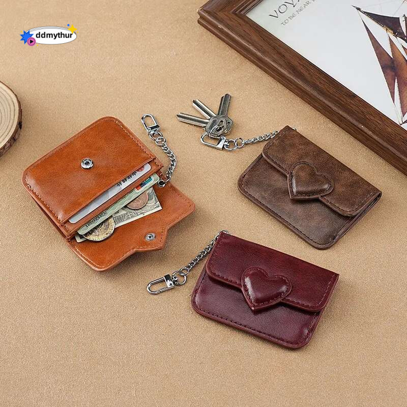 Mini Coin Purse Keychain Wallet Fashion PU Heart Buckle Multi-card Slots Card Holder Pouch Key Storage Bag for Women and Men ddmythur