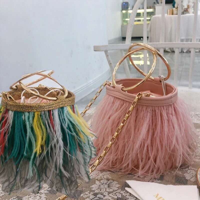 Fashion Ostrich Fur Women's Designer Winter Handbag Feather Bucket Shoulder Messenger Bag