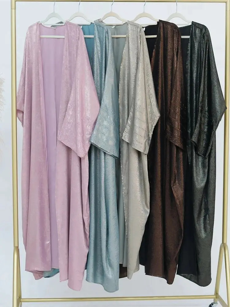 Shiny satin open kimono Abaya Dubai y Muslim Abayas Womens Kaftan Dress Islamic Clothing Musulmane Caftan 250409