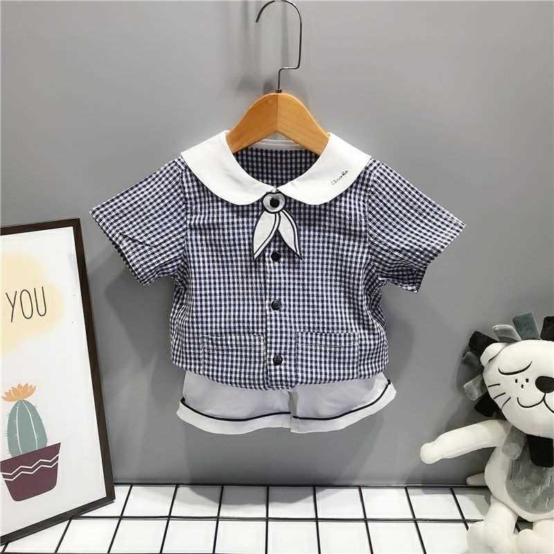 Korean version brother and sister checkered outfit summer mens treasure shirt twopiece set womens treasure dress new brother and sister checkered outf