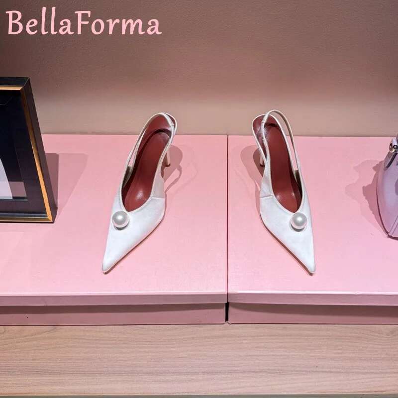 Women's Pearl Silk Pointed Wedding Shoes Elegant Mature Sexy Simple Banquet Party Mule Color Matching High Heel Sgback Sandal