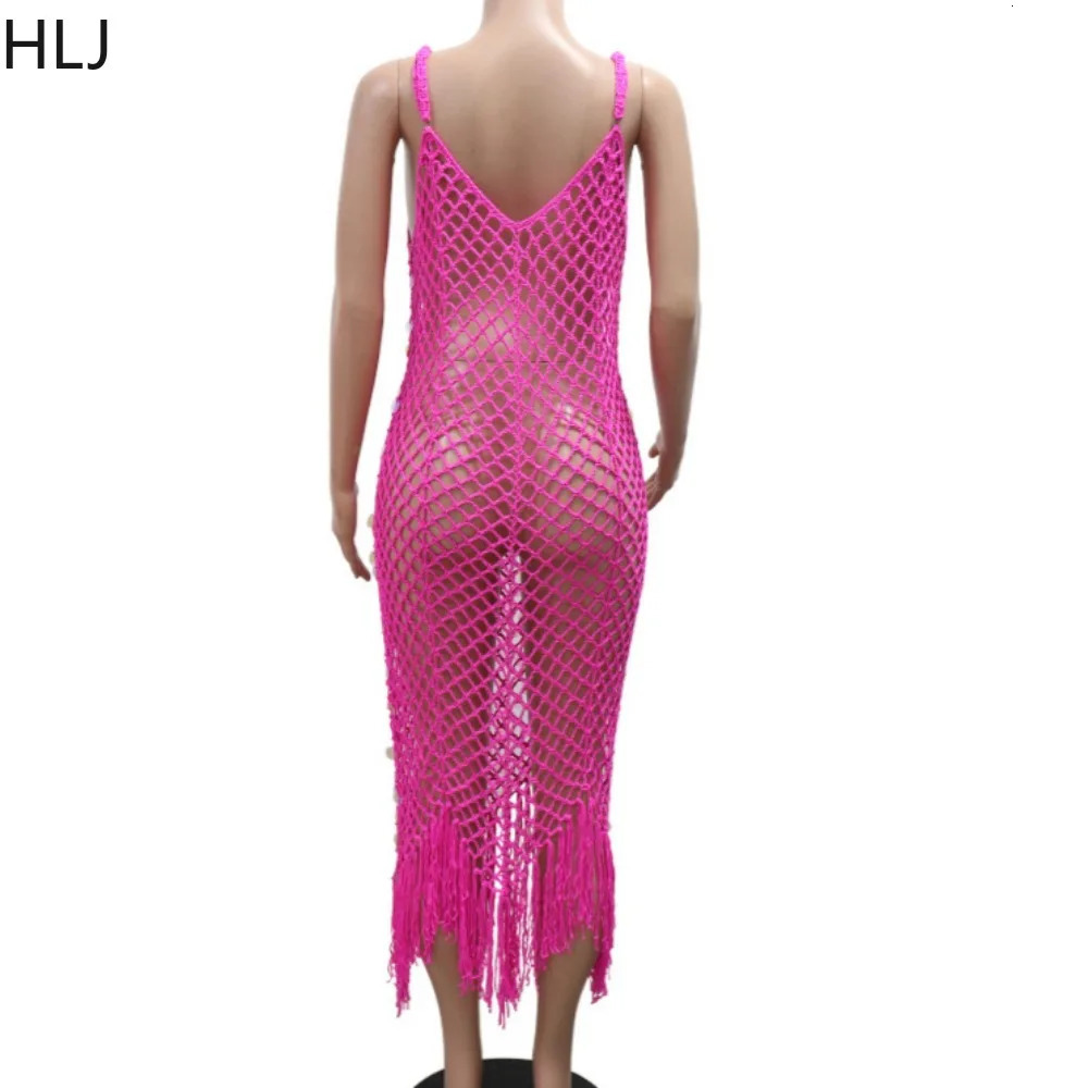 HLJ sexy sequined womens spaghetti strap See Through Tassel Patchwork dress Female Party Wear Vestios 250409