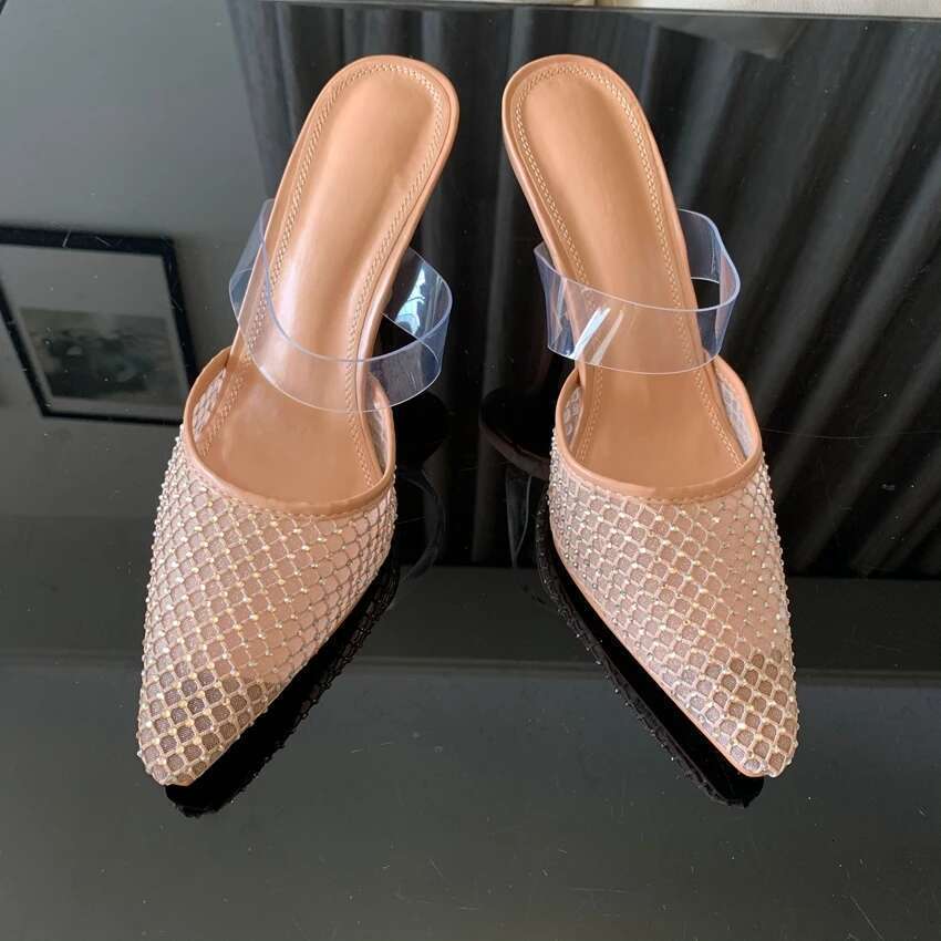 Woman Sandal Sexy Rhies Mesh Pointed Toe Sgback Brand Elegant Party High Heels Shoes for Lady Summer Footwear