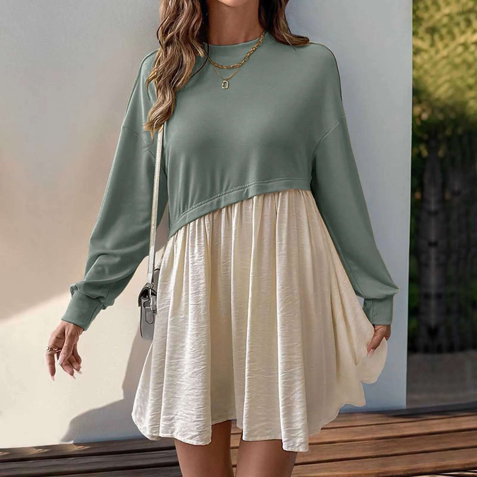 Dongdumaoyi Contrast Patchwork Casual Dress Women Spring New Loose Mini Dresses Elegant Round Neck Long Sleeve A Line