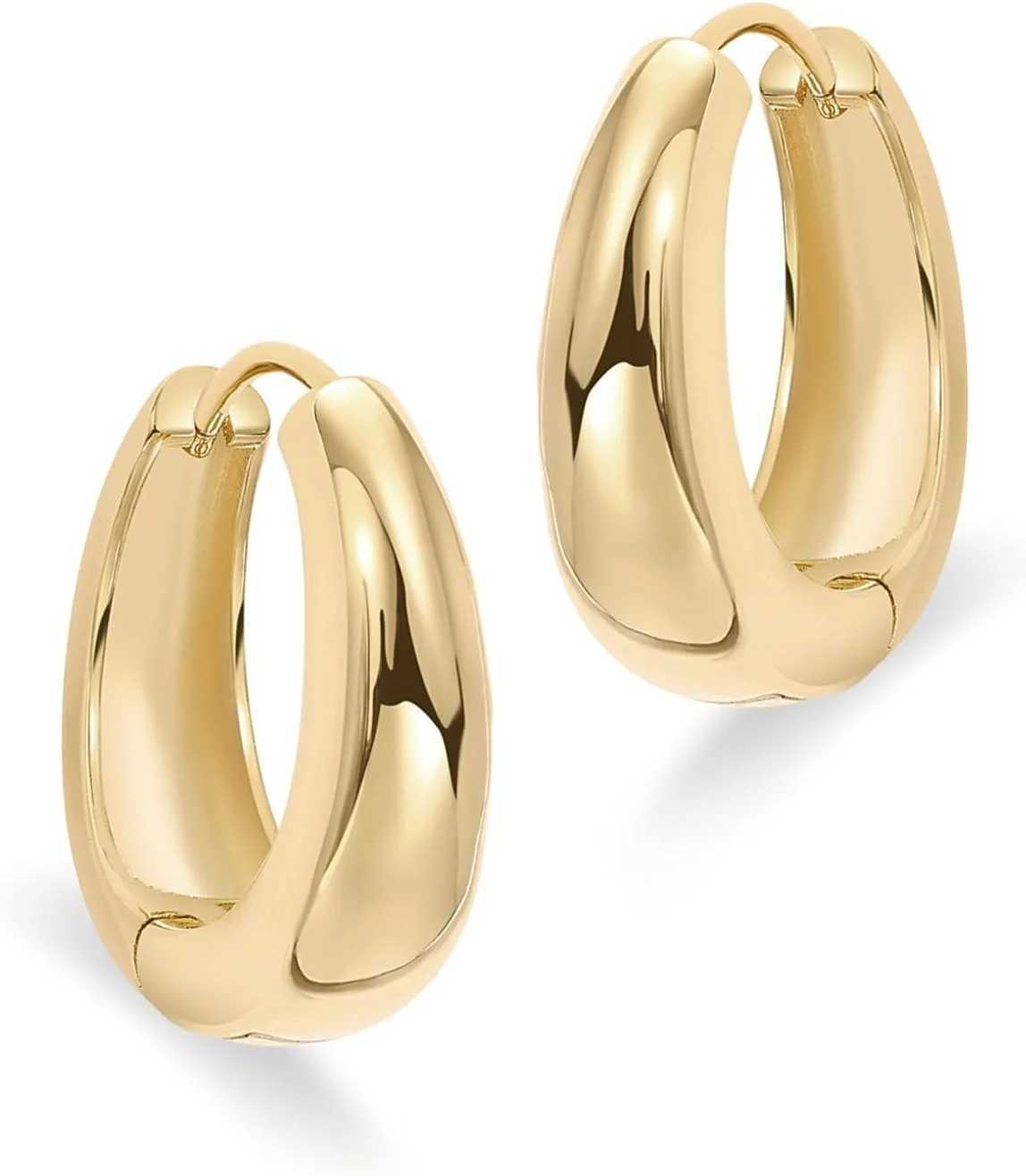 14K Gold Plated Sterling Silver Post Small Chunky Hoops Earrings | Thick Lightweight Gold Hoop Earrings for Women Retro style Z250408