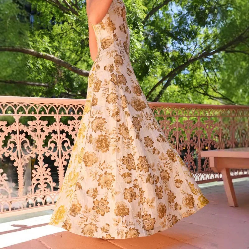 Womens spring and summer casual printed sexy backless lifting big swing fashionable floral dress 250409