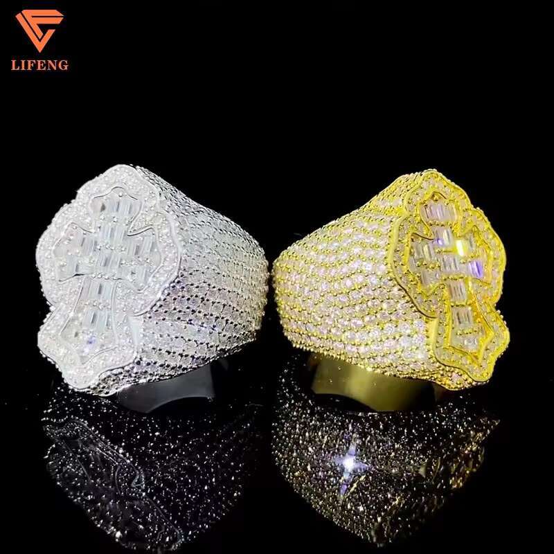 Lifeng Jewelry Full Baguette Moissanite Cross Ring Soild 925 Silver Gold Platinum Plated Diamond Ring for Men