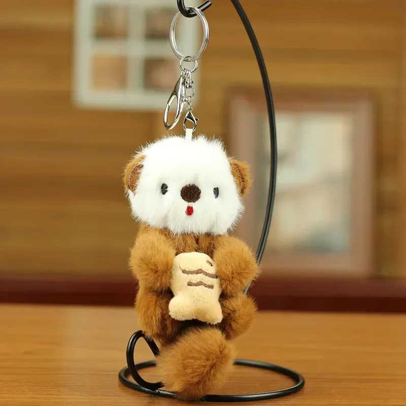 Cute plush otter holding fish keychain fashionable backpack keychain animal school bag key wallet pendant toy student giftXJ250409