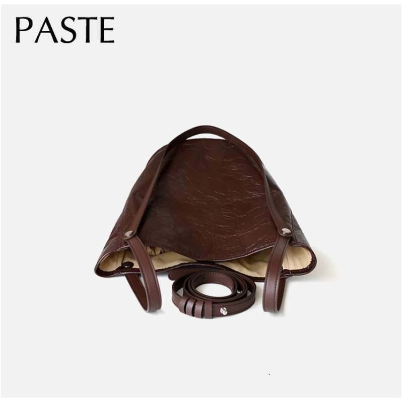 Niche French Style High-End Oil Wax Cowhide Leather Women Bucket Tote 2 Sizes Commuter Single Shoulder Bag Ladies Handbag