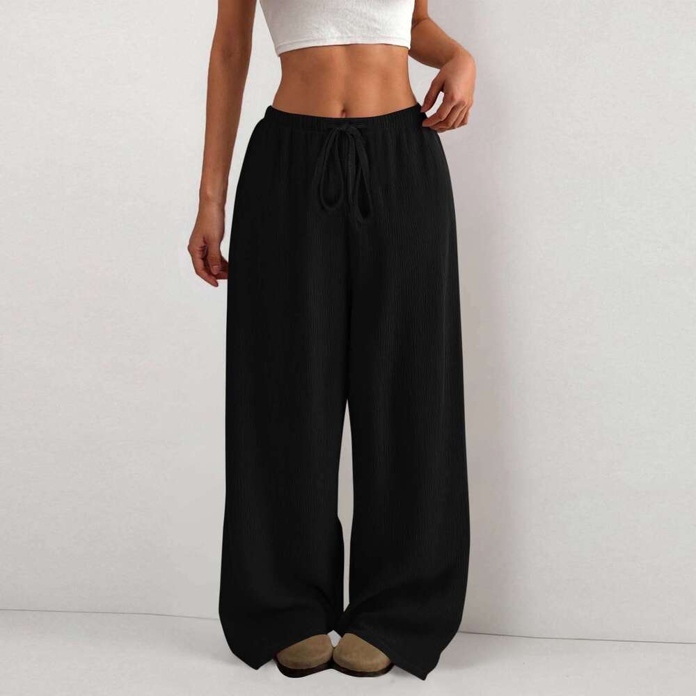 Amazon Cross-Border European And American New Style Women's Solid Color Loose Bark Wrinkle Draped Waist Drawstring Wide-Leg Casual Long Pants aef