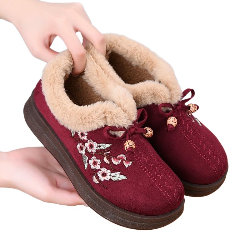 Winter Fleece-Lined Thickened Warm Mid-Senior Mother Shoes Old-Style Cloth Shoes for Women Cotton Boots Flat-Soled Non-Slip Grandma Cotton B